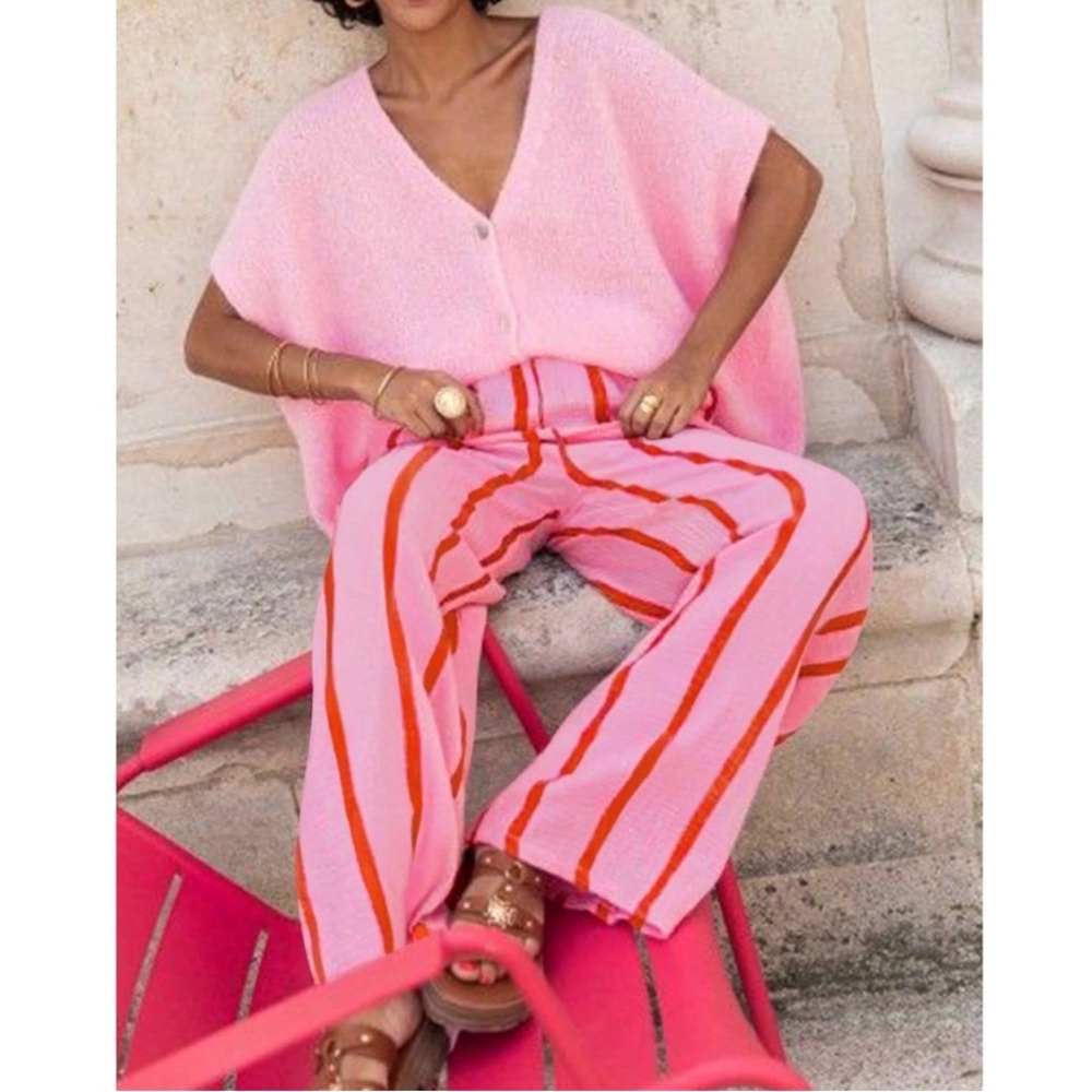 Pink Wide Trousers with Red Stripes Elastic Waist Flowy and Light